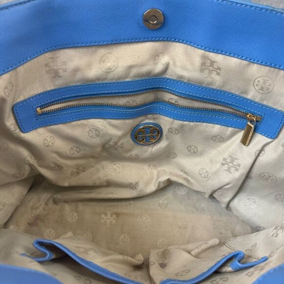 Tory Burch Blue Leather Tote Bag Perforated Details Gold Logo  Shopper Tote - Picture 12 of 15